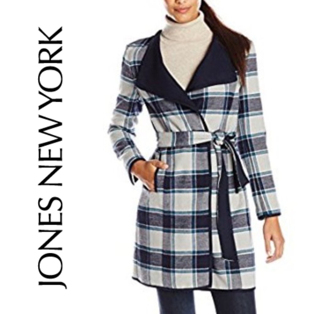 Jones New York Women’s Extra Large Double Face Plaid Belted Wrap Coat Navy